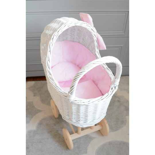 Cărucior alb pentru păpuși, realizat manual, cu fundiță