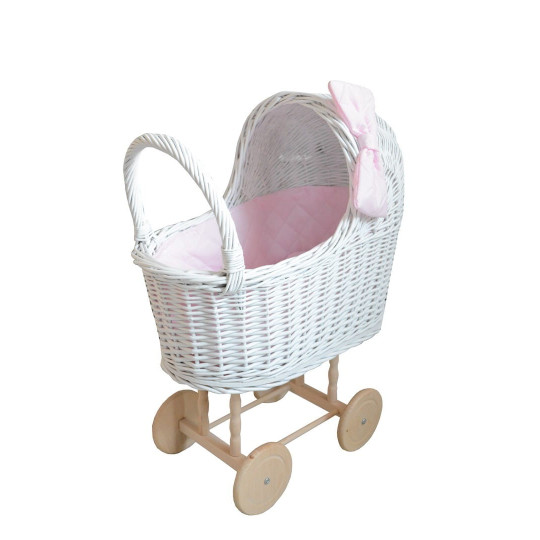 Cărucior alb pentru păpuși, realizat manual, cu fundiță