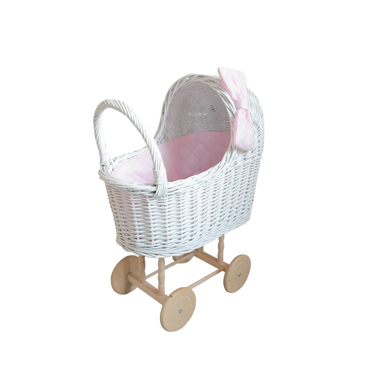 Cărucior alb pentru păpuși, realizat manual, cu fundiță