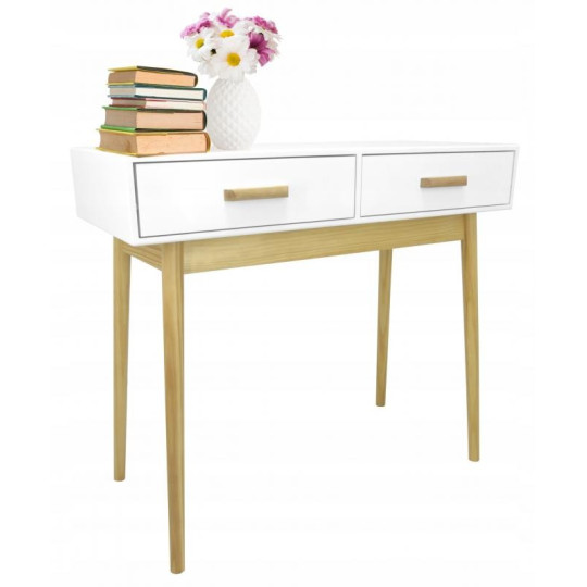 Masa de cafe scandinavă albă cu 2 sertare 90x40x79 cm