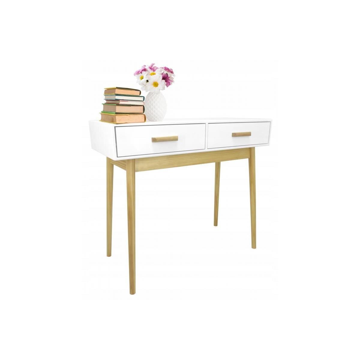 Masa de cafe scandinavă albă cu 2 sertare 90x40x79 cm