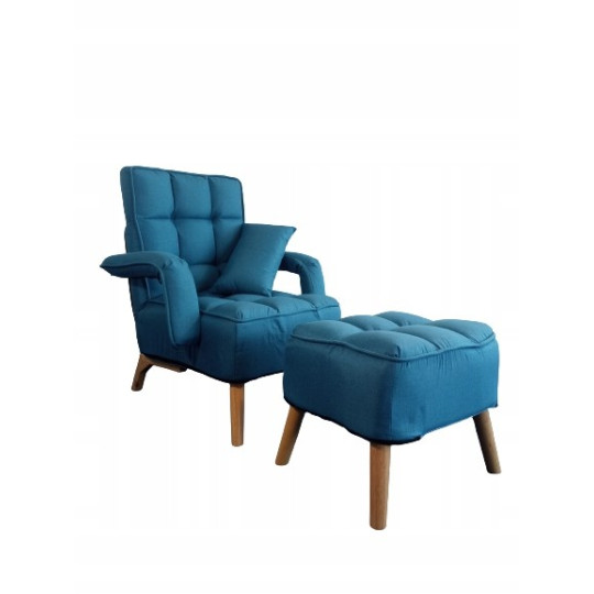 Kreslo ušiak în culoare albastră cu taburet.