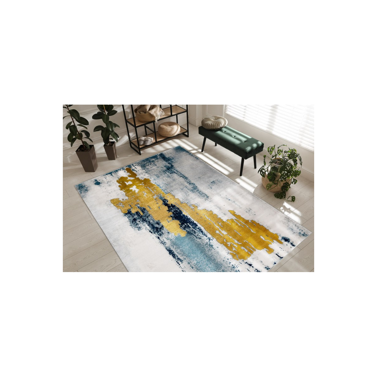 Covor original pentru living în culoarea albastru-aurie EMERALD