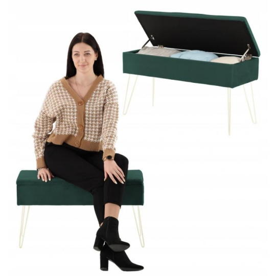 Bancă tapitată în culoare verde cu spațiu de depozitare