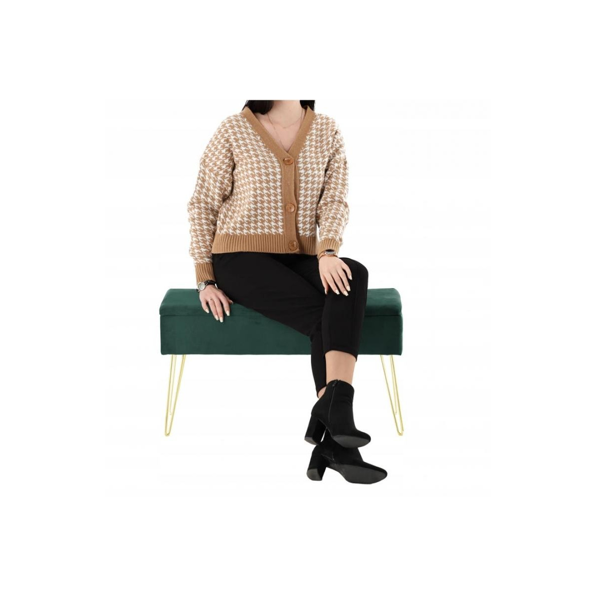 Bancă tapitată în culoare verde cu spațiu de depozitare